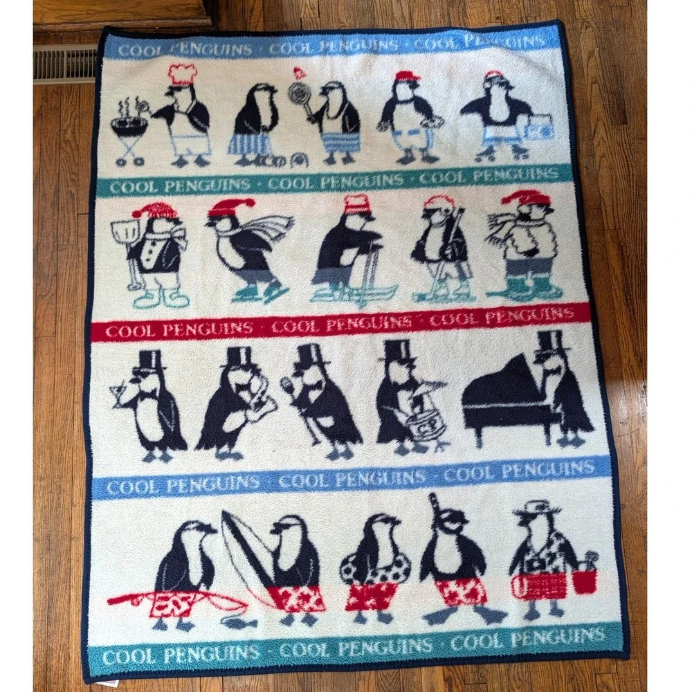 Vintage 1988 Crown Crafts Dinarsu Cool Penguins Acrylic Plush Blanket 57x74